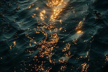 reflection of the setting sun on the water surface, golden light, ripples and waves on a dark background, top view. Abstract texture for design, print or wallpaper