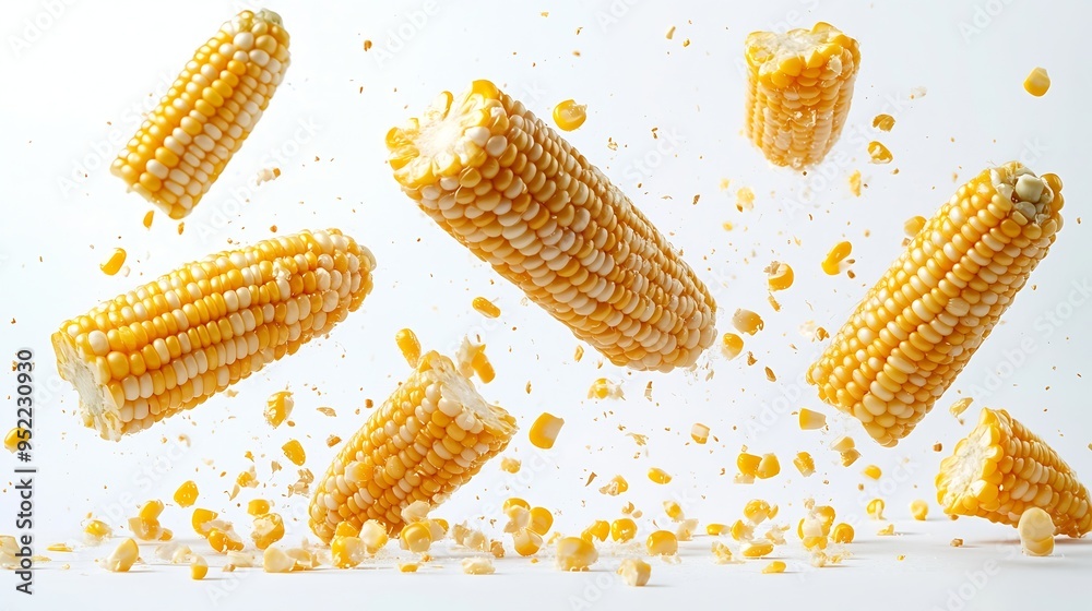 Poster flying fresh corn collection isolated on white background clipping path : generative ai