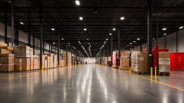 A warehouse equipped with advanced fire suppression systems, showcasing safety measures in modern logistics facilities.