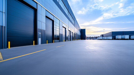 Obraz premium A well-maintained warehouse exterior, with clean signage, organized parking, and easy access for delivery vehicles.