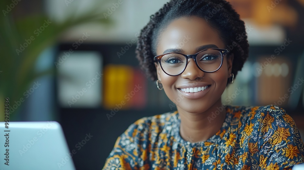 Poster a professional businesswoman with glasses smiles while working at her office desk using a laptop and