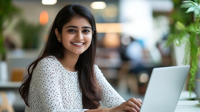 Cheerful and successful indian woman programmer at work inside modern office tech support worker with laptop typing on keyboard smiling : Generative AI