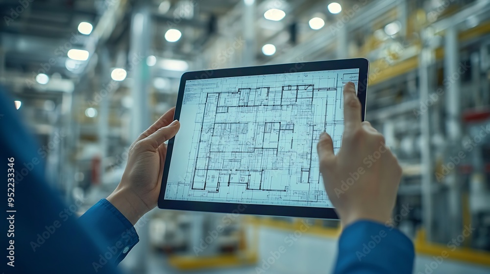 Poster hands architect and tablet for blueprint in logistics warehouse for building design and expansion co