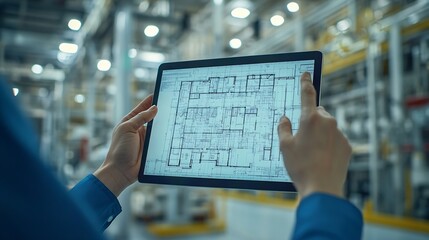 Hands architect and tablet for blueprint in logistics warehouse for building design and expansion Contractor people and scrum on app for floor plan review or meeting in factory for sup : Generative AI