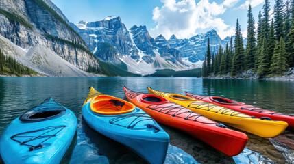 Kayak boat in still quiet lake water with snow mountain forest