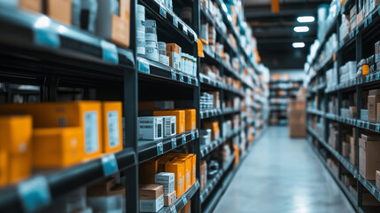 Rows of shelving units filled with various products neatly organized, with QR codes visible for easy scanning, emphasizing the importance of inventory management.