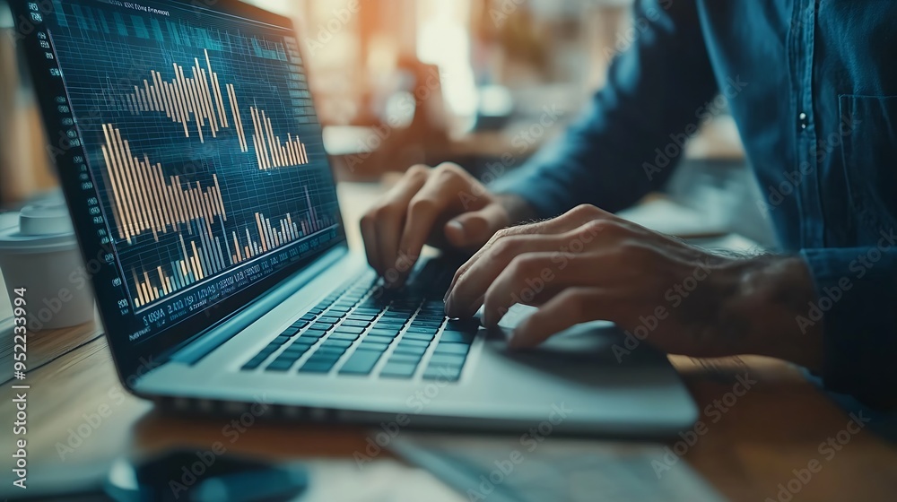 Poster Business data analysis growth and development Businessman working on laptop with financial report economic graph growth chart and global network connection business plan strategy and s : Generative AI
