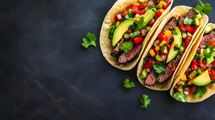Delicious beef tacos with fresh vegetables and salsa served on a dark background, perfect for food lovers and culinary enthusiasts.