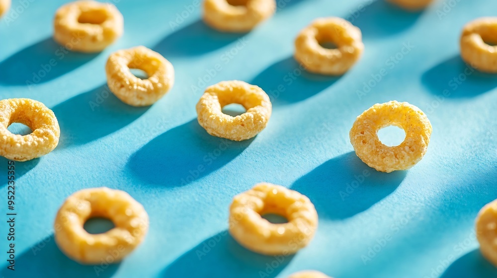 Poster Macro close up detail of single honey cheerios cereal isolated on blue with shadow : Generative AI