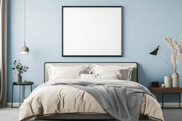 A modern bedroom featuring a bed, minimal decor, and a calming blue wall.