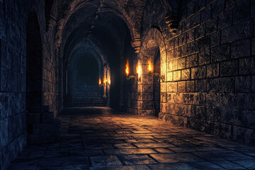 Obraz premium A Shadowy Stone Corridor: Glowing Torches Cast Flickering Light on a Dark and Mysterious Castle Passage.