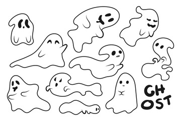 Doodle line art vector illustration of White Ghost. Ghost for Halloween event. Ghost illustration. Halloween theme illustration
