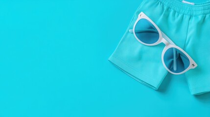 Stylish beach outfit featuring turquoise swim shorts and sunglasses on a vibrant blue background, perfect for summer vibes.