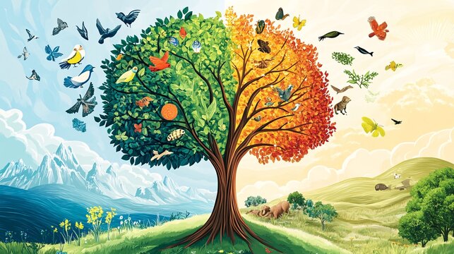 Illustration of a tree representing the different biomes of the Earth