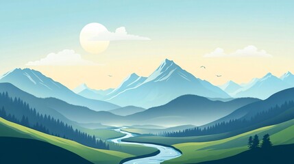 Naklejka premium Illustration of a mountain range with clear skies and flowing rivers
