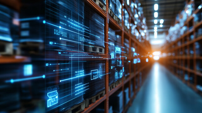 A modern warehouse equipped with AI-powered predictive analytics, optimizing inventory levels and reducing the risk of stockouts or overstock.