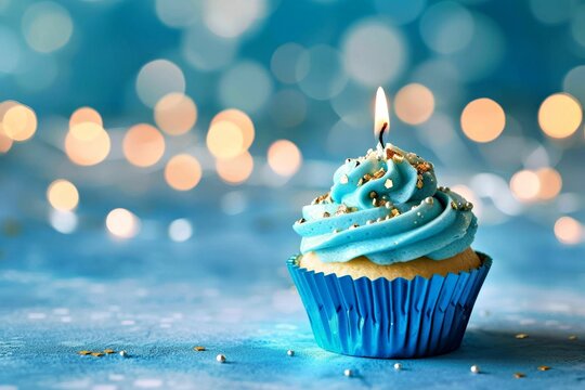 Birthday cupcake with lit candle and blue frosting on sparkling bokeh background