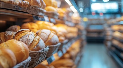 Abstract blurred supermarket aisle with bread bakery products and pastries shelves as background : Generative AI