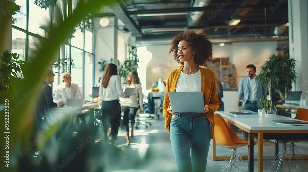 Poster Multiethnic startup business team on meeting in a modern bright open space coworking office Brainstorming working on laptop Group of coworkers walking around in motion blur : Generative AI