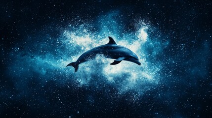 Fototapeta premium A stunning dolphin leaping through a cosmic blue galaxy, symbolizing freedom and the mysteries of the universe.