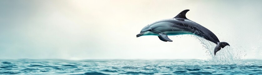 Naklejka premium A stunning dolphin leaps gracefully above the shimmering ocean surface, showcasing the beauty of marine wildlife and nature.
