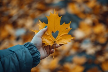 yellow leaf with a heart in a female hand, background of golden leaves lie chaotically on the ground, autumn mood concept, seasonal