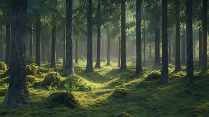 Fototapeta premium Enchanted pine forest landscape with soft morning sunlight, mossy woodland floor with tall evergreen trees, ethereal foggy forest scenery