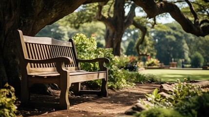 Fototapeta premium Beautiful green park near the lake with a bench