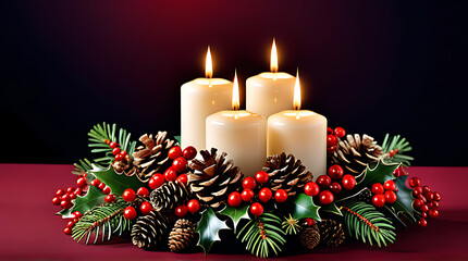 festive christmas centerpiece candles pinecones holly berries