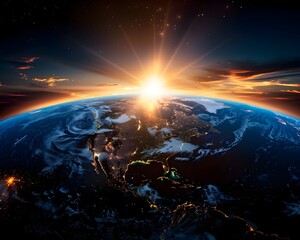Fototapeta premium Dramatic Sunrise Over Planet Earth Illuminating Continents with Hope and Renewal Concept