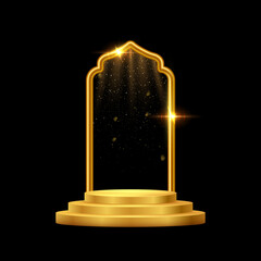Gold 3d podium with frame on black background. Abstract empty golden award platform with glowing arch and glitter confetti sparkle falling rain. Vector illustration for product presentation.