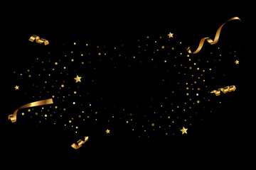 Gold confetti birthday background. Golden ribbons, stars and confetti party pattern. Congratulations black horizontal banner with copyspace. Gift elegant vector illustration.