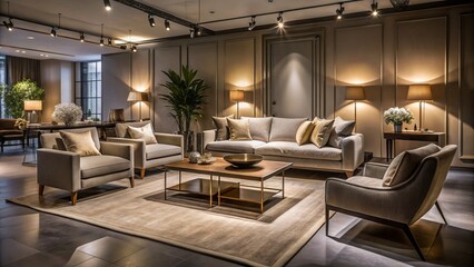 Fototapeta premium In a serene oasis, affordable luxury furniture unfolds, its sleek lines and subtle curves reflecting the tranquil atmosphere of Waterford Cork Road, bathed in soft twilight glow.