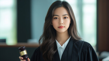 A young Asian woman in a judge's robe, holding a gavel with a courtroom setting in the background, symbolizing her authority and fairness in the legal field.