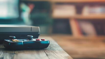 vClose-up of vintage video game cartridges and classic game controller on wooden table, symbolizing the rich history and nostalgia of video gaming culture.