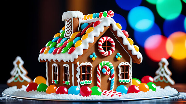 festive gingerbread house colorful candy decorations icing