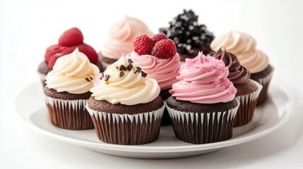 A selection of beautifully decorated cupcakes on a white plate, with a pristine white background highlighting their details.