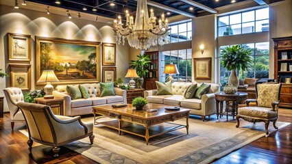 Naklejka premium In Austin, a high-end furniture consignment showroom is designed to evoke elegance and sophistication, providing a serene atmosphere and exceptional design for the most refined tastes.