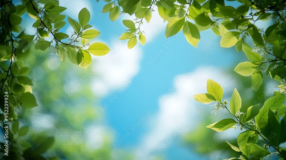 Leinwandbilder beautiful blurred background image of spring nature with surrounded by trees against a blue sky with