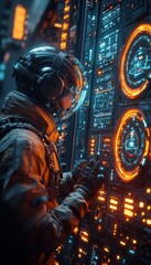 Naklejka premium Astronaut in futuristic space suit operating control panel with glowing displays in dark spaceship environment.