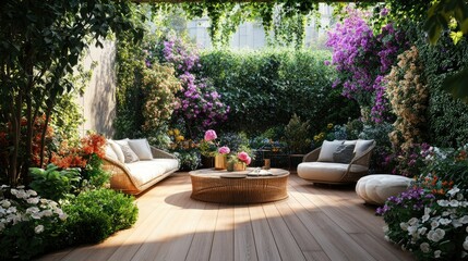 A serene terrace with light wood floors, lined with greenery and colorful blossoms, creating a peaceful outdoor living space