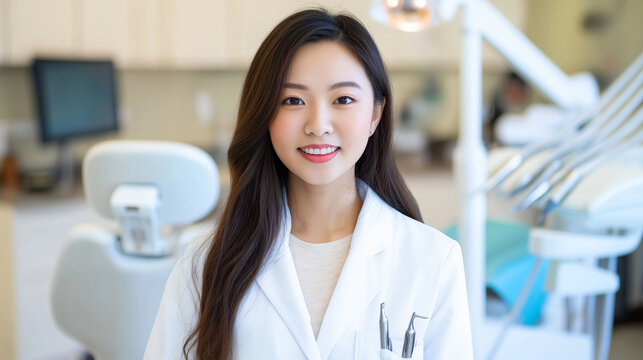 Portrait of a young Asian woman in a dentist's coat, holding a dental tool with a patient chair in the background, symbolizing her role in oral healthcare.