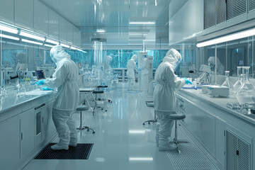 Naklejka premium Inside a High-Security Biohazard Lab: Scientists in Hazmat Suits Conduct Research Amidst Sterile Equipment.