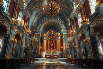 Fototapeta premium Golden rays illuminate the ornate interior of a Baroque-style church, highlighting the intricate details and the grandeur of faith.