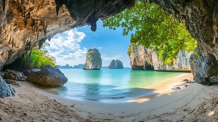 A hidden tropical beach cave with soft sand, surrounded by dramatic limestone cliffs and clear turquoise water under a bright blue sky.