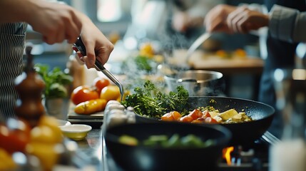 Adult students learning recipe and preparing meal in cooking class : Generative AI