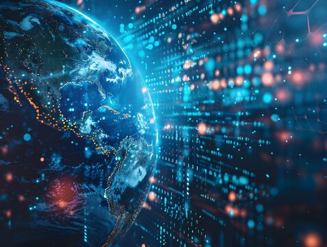 Digital Planet Earth Surrounded by Flowing Data Streams Representing Technological Impact