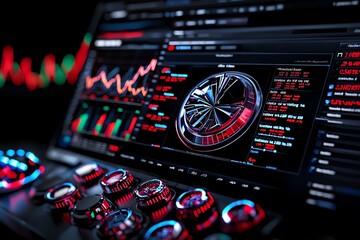 Futuristic interface displaying market trends with colorful graphs and metallic controls, showcasing advanced technology.