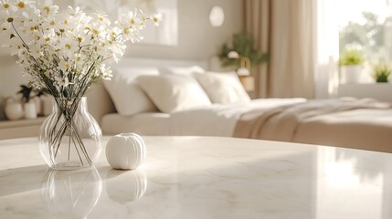 Marble table top with white bed in bedroom loose focal background  Close up photo of contemporary interior modern living space : Generative AI