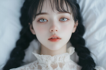 白いレースの服の黒髪の美しい少女